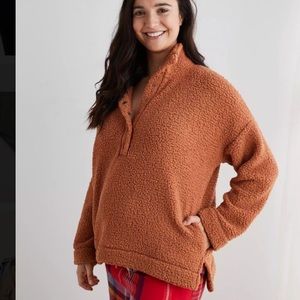 Aerie cloud Sherpa oversized pullover dune khaki tan snap fleece small teddy